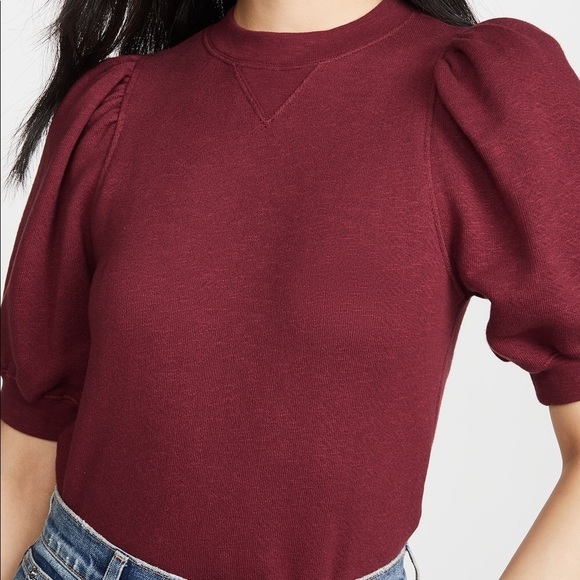 Ulla Johnson Rami Cropped Pullover Puff Sleeve Sweatshirt Burgundy P - Picture 1 of 5